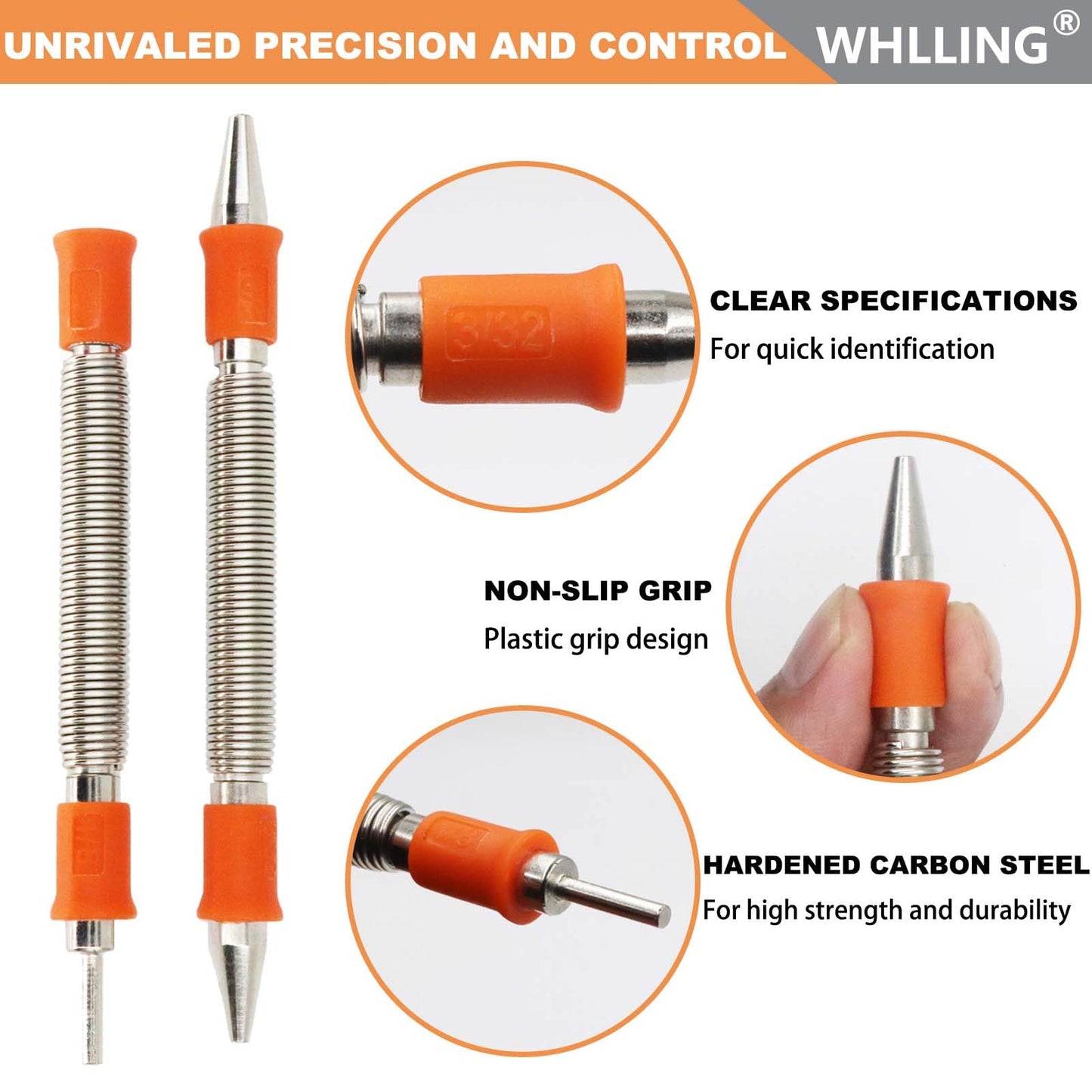 WHLLING 4 Pieces Dual Head Nail Setter, Dual Head Center Punch, Door Hinge Pin Removal Tool and Cold Chisel, Spring Nail Set, Spring Loaded Punch（1/8-in, 3/32-in, 3/16-in, 1/16-in, 5/16-in, 1/8-in）