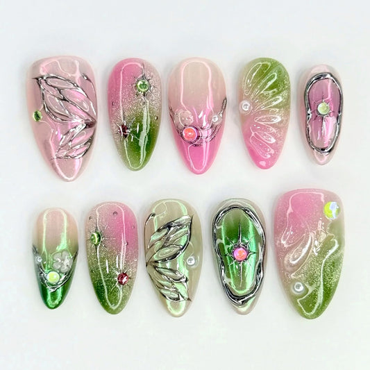 30Pcs Pink Green Smudge Press on Nails Medium Almond French Tip Fake Nails with 3D Rhinestone Design Butterfly Flower False Nails Glitter Full Cover Star Chrome Silver Acrylic Stick on Nails for Women