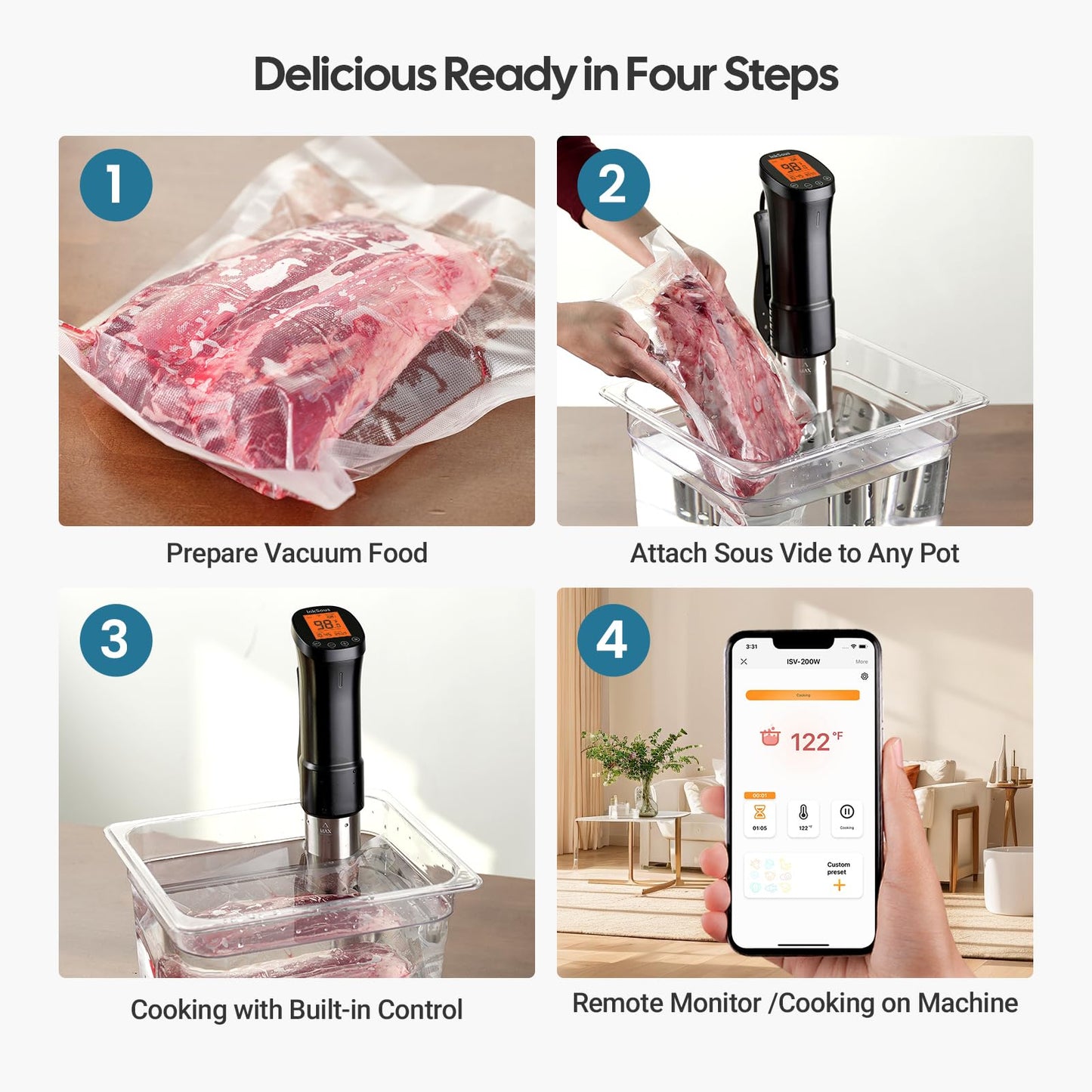 WiFi 2.4G Sous Vide Cooker 1000W,Sous Vide Machine Ultra-Quiet & 3D Fast Heating, App Control, Timer, Precise Calibration & 14 Recipes