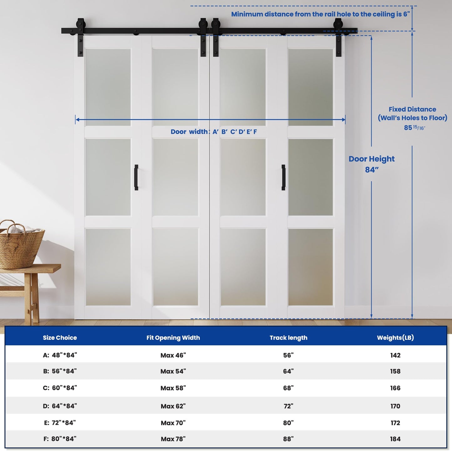 SMARTSTANDARD 80in x 84in Bifold Barn Door, Frosted Glass Barn Door with Hardware Kit Included, Pre-Drilled Holes Easy Assembly -Solid Barn Doors Slab Covered with Water-Proof PVC Surface, White