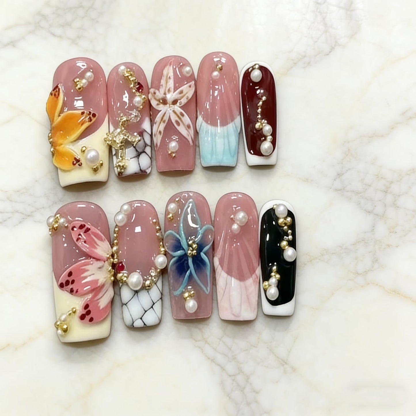 Floral Handmade Medium Square Press on Nails Nude Base Colorful 3D Floral Accents Pearl Chain Details Glossy Finish Reusable Spring Nails Easy Apply Party Durable Trendy Women Girls Nail Art 24 Pcs（M）