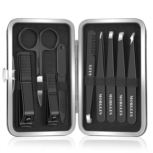 MORGLES Tweezers Set and Nail Clippers, 9 Pcs Stainless Steel Tweezers Kit for Men Professional Manicure Set for Men Grooming Kit With Leather Travel Case