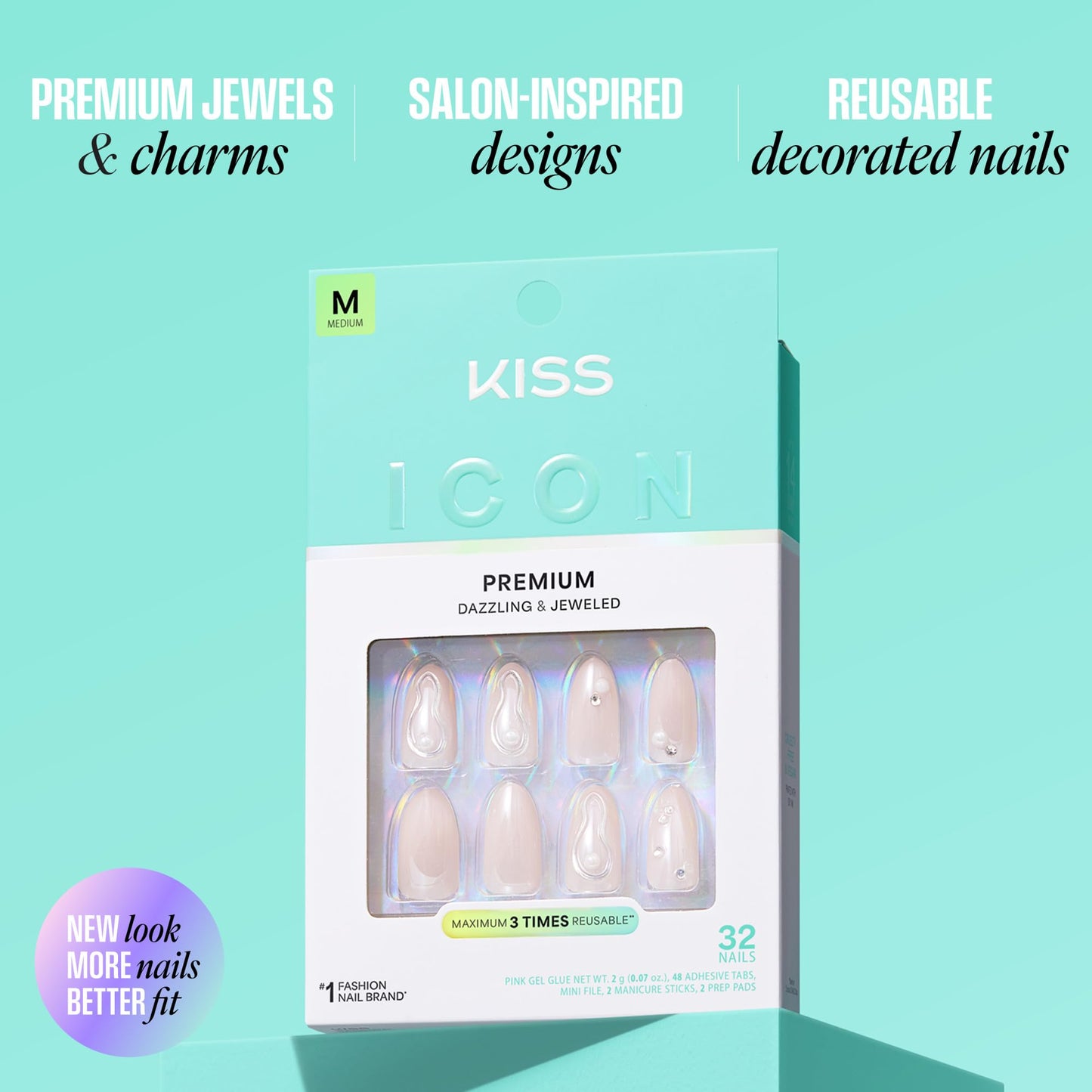 Kiss Icon, Press On Nails, Nail glue included, 'Vibrant', Pink, Medium Size, Almond Shape, Includes 32 Nails, 2g Glue, 2 Manicure Stick, 1 Mini File, 2 Prep Pads, 48 Adhesive tabs
