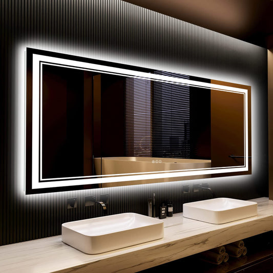 AWANDEE 84x32 LED Bathroom Mirror with Lights, Backlit and Front Lit Anti-Fog Lighted Vanity Mirrors for Bathroom Wall, Dimmable, 3-Color Light, Memory, Shatter-Proof, HD Tempered Glass, CRI＞90