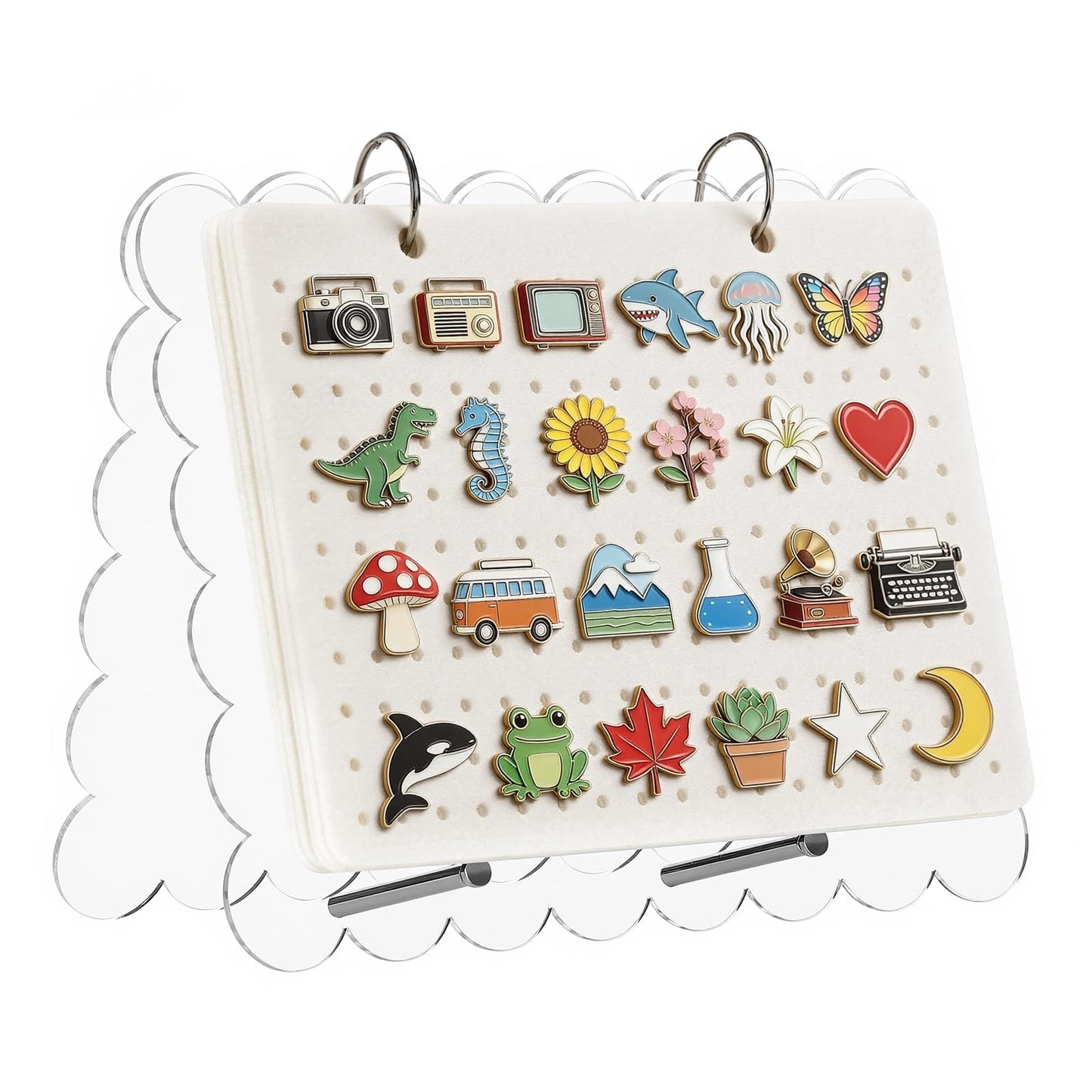 Beautiful Pin Display Organizers,Acrylic Scalloped Cover Brooch Pin Holder with 6 Pages,Pin Collection Storage Calendar,Enamel Pin Display Pages for Store 180+ Pins