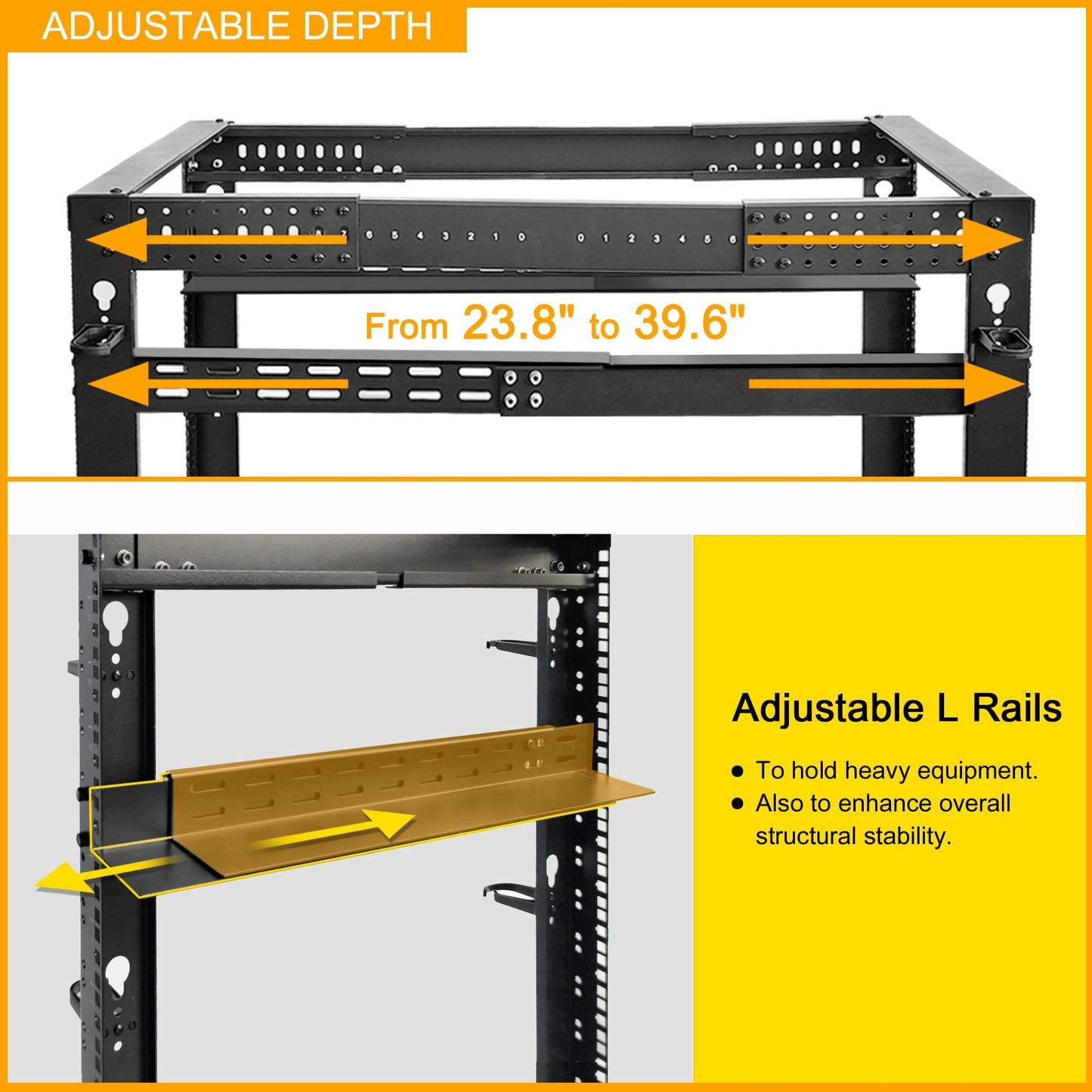 RIVECO 12U 19” Adjustable Depth Server Rack Support Up to 1700LBS Floor Standing 4 Post Rack with L Rails & Load-Bearing Casters Universal for Network Equipment Black
