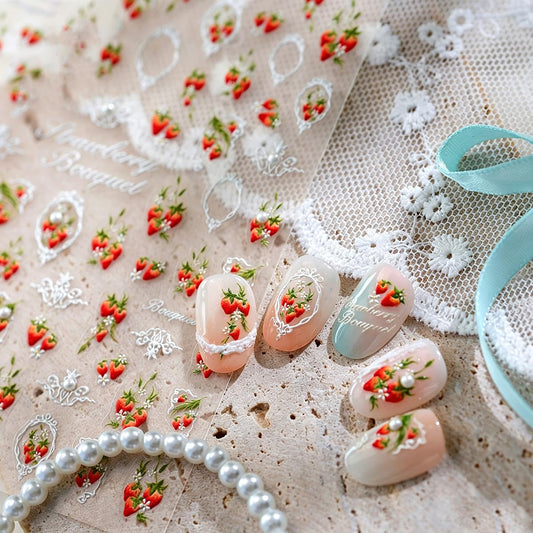 5D Embossed Nail Stickers Strawberry Nail Decals 3D Lace Frame Nail Art Stickers Cute Self-Adhesive Nail Stickers for Nail Art for Women Girls DIY Manicure, 1 Sheet
