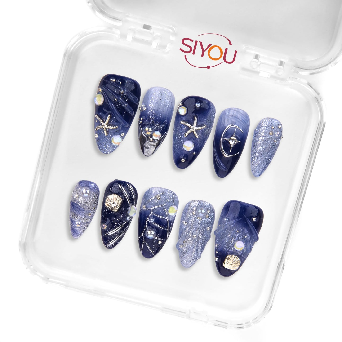 SIYOU Beauty | Ocean Of Stars | Navy Blue and Light Blue Mermaid Glitter Short Almond Press On Nails for Women (Small) - Reusable, Salon-Quality Fake Nails (10pc)