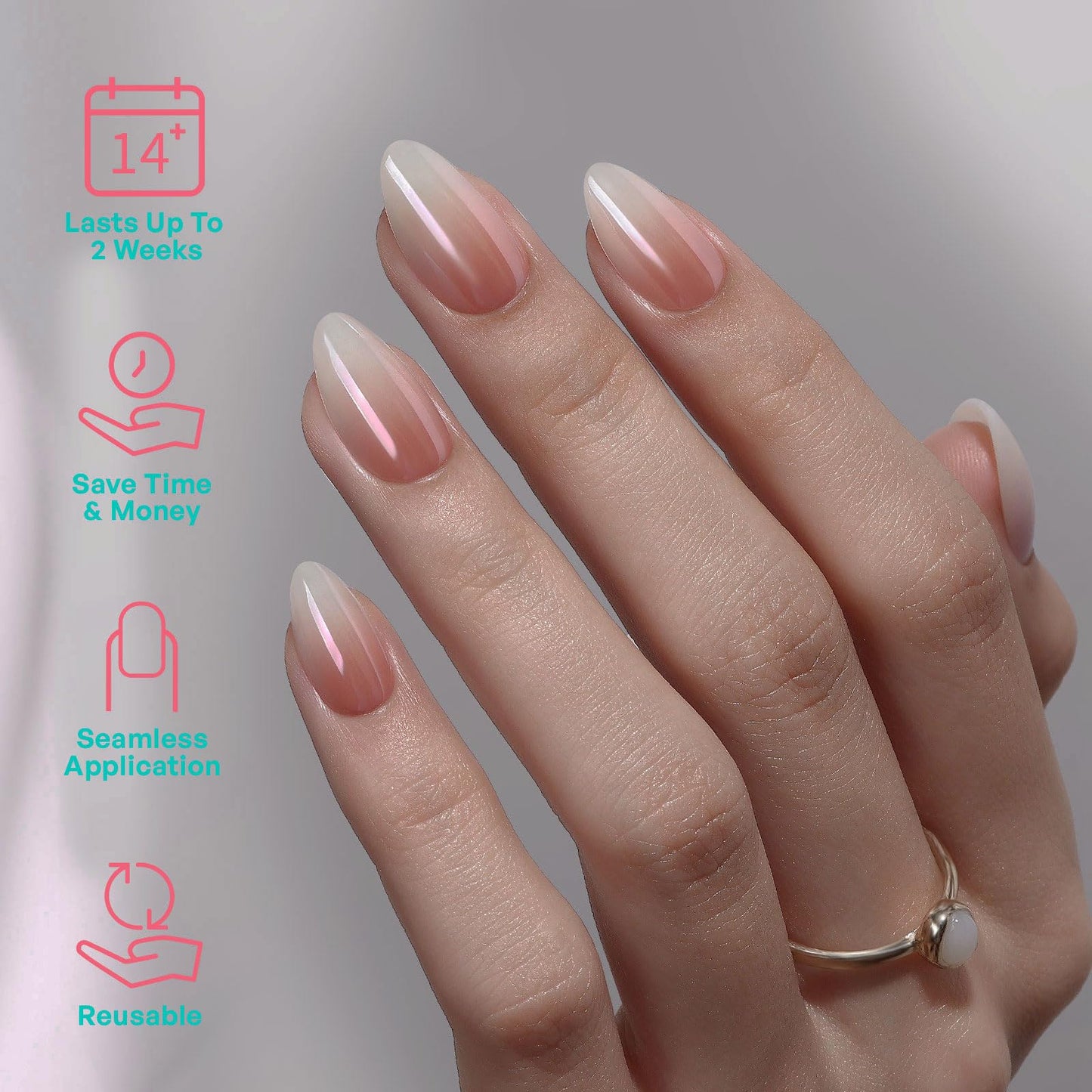 Chrome Press On Nails Short Almond - GJZEZ Soft Gel Glazed Donut Fake Nails Press Ons with Ombre Deign, Nude to Milky White Spring Summer Reusable Faux Nail Gifts for Women in 16 Sizes - 32PCS