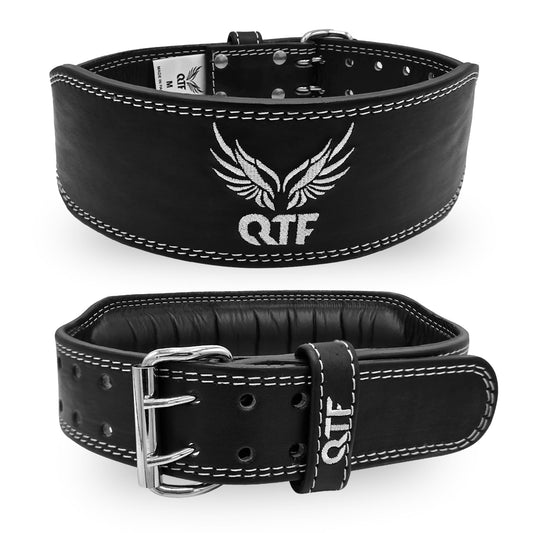 QTF Weight Lifting Belt Gym Exercise Workout, 4 inch Leather Padded Lumbar Back Support Men Women, 9 double Adjustable Holes, Powerlifting Bodybuilding Deadlift, Squat Fitness Strength Training Belt (Power-Belt, Small)