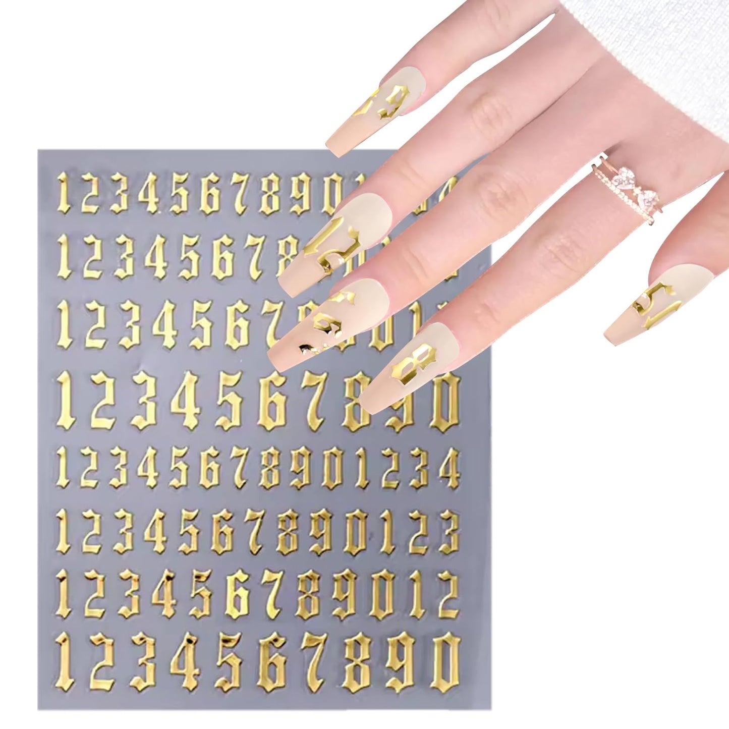 DANNEASY 8 Sheets Alphabet Number Nail Stickers 3D Self-Adhesive Old English Letters Nail Decals Black White Gold Sliver Nail Art Sticker Nail Initial Stickers for Women DIY Charms Decoration