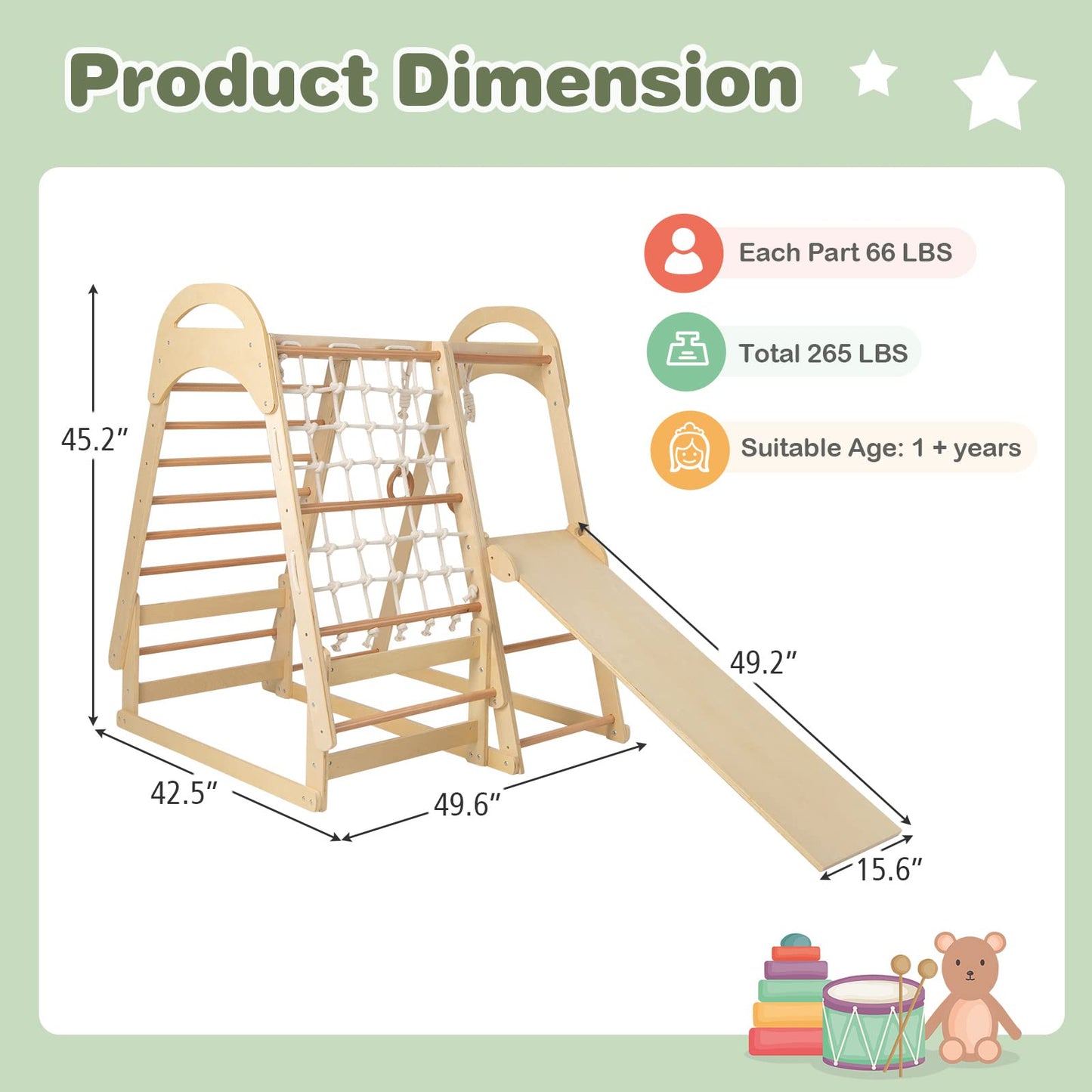 INFANS 7 in 1 Kids Indoor Playground, Wooden Montessori Climber Playset with Tent Slide Climbing Rock Climbing Net, Playground Jungle Gym Structure Climbing Toys for Toddlers Boys Girls