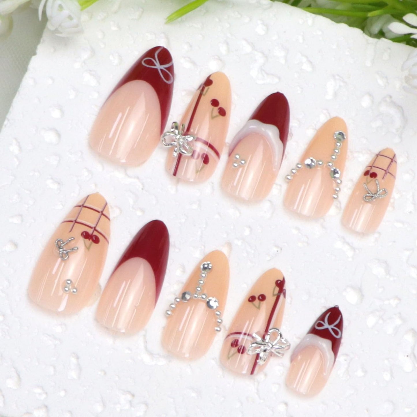 Almond Press on Nails Medium Fake Nails Red French Nails Press ons Glossy Glue on Nail with 3D Bow Pearl Rhinestones Lines Cherry Designs Nude Stick on Nails for Women 24Pcs