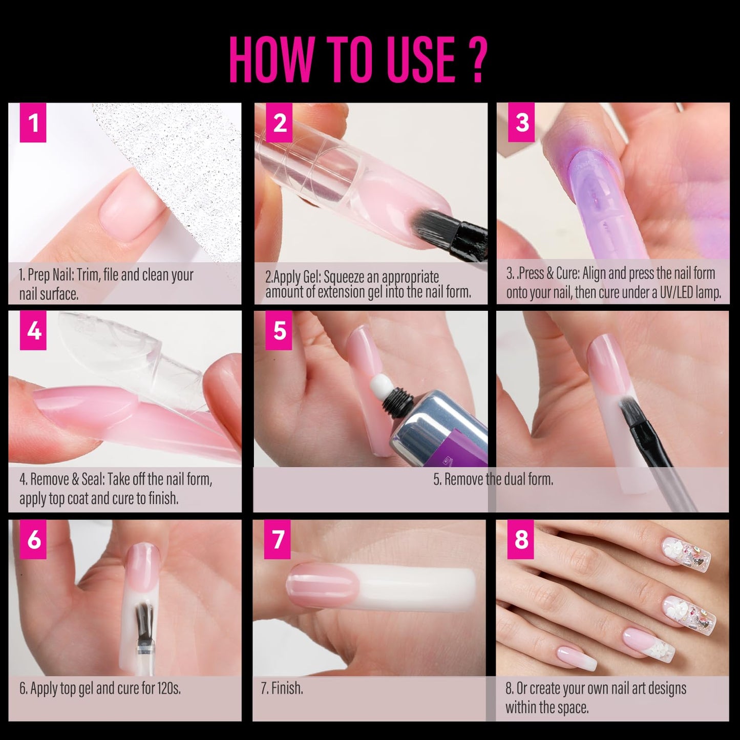 CHUCHU 3D French Dual Forms for Polygel: Easy Nail Form Creates French Apex Nails for Builder Gel Acrylic Nail Extensions DIY - 5S Easy Removal Reusable Nail Forms for Professional -120pcs 15Size