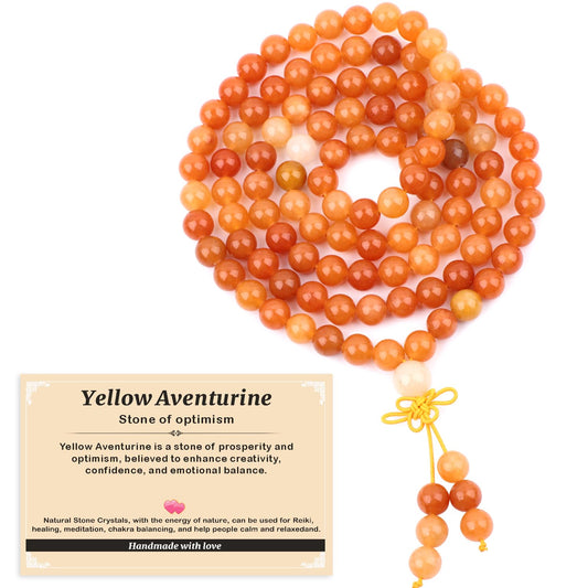 AD Beads 8mm 108 Prayer Mala Yellow Aventurine Elastic Bracelet - Optimism - Handmade Yoga Meditation Healing Power Energy Gifts for Unisex Adult.