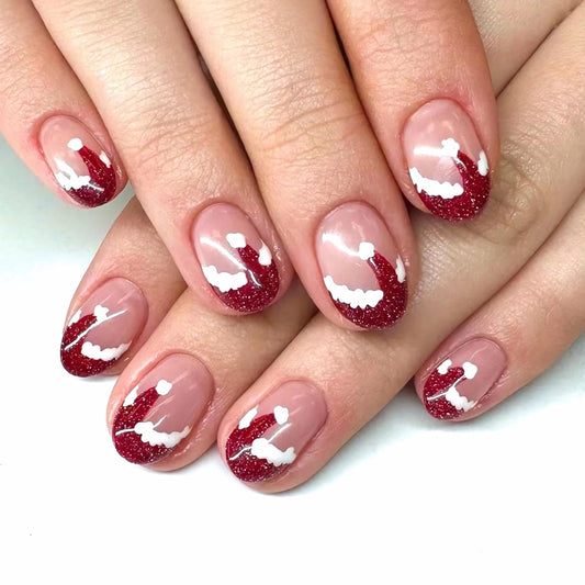 BABALAL Christmas Press on Nails Short Almond Fake Nails Red French Tip Glue ons Nails Christmas Hat Design Acrylic Nails 24Pcs Stiletto False Nails Xmas Bling Stick on Nails