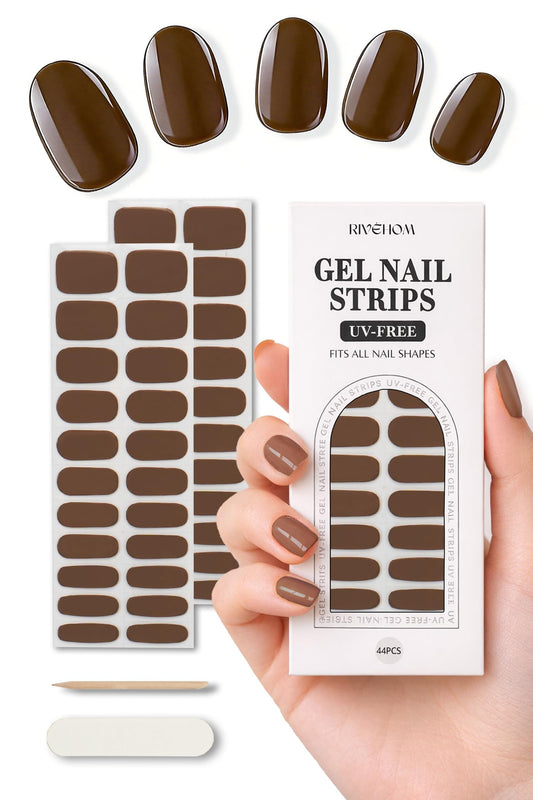 Gel Nail Strips 44Pcs, No UV/LED Lamps Needed, Pre-Cured Nail Stickers for Women Salon Quality, Polish Wraps Long Lasting, Easy Apply & Remove (Brown)
