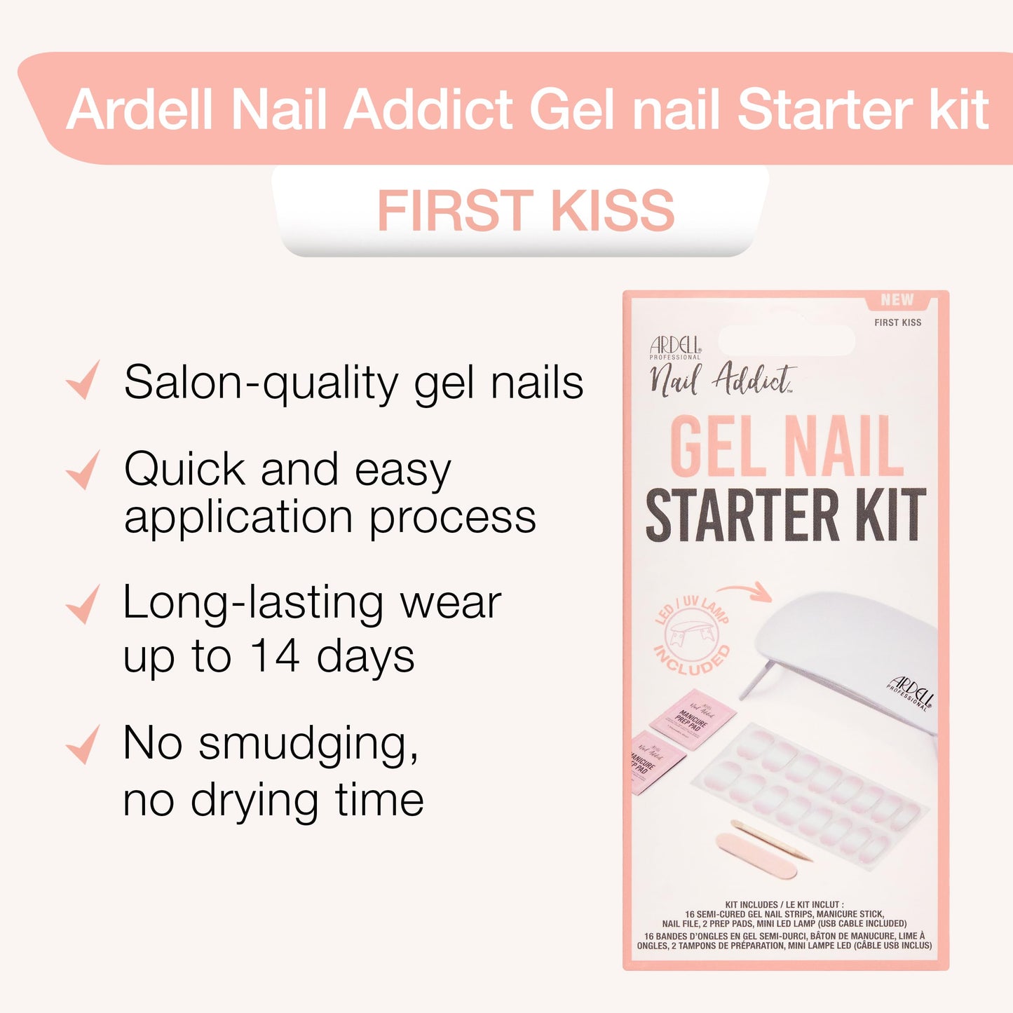 Ardell Nail Addict Gel Nail Starter Kit with Led Uv Light - First Kiss, Semi-Cured Gel Nails Strips, File & Prep Pad for Easy At-Home Diy Manicure, Pack of 1
