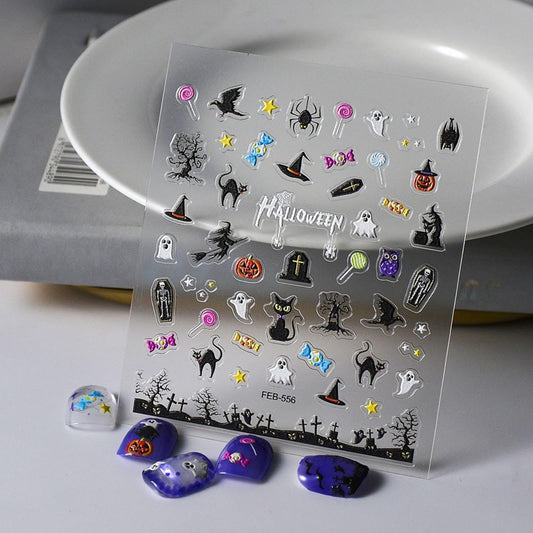Halloween Nail Art Stickers 5D Embossed Cat Ghost Nail Stickers Witch Monster Candy Pumpkin Spider Star Nail Decals for Women Girls Holiday Manicure DIY Nail Supplies
