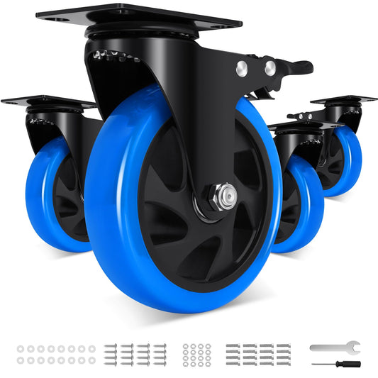 Humagineer 5 Inch Casters Wheel Set of 4, 2200 Lbs Heavy Duty Casters, Safety Locking Industrial Casters with Brake, No Noise Plate Wheels for Cart, Workbench, Furniture (Free Hardware Kits)