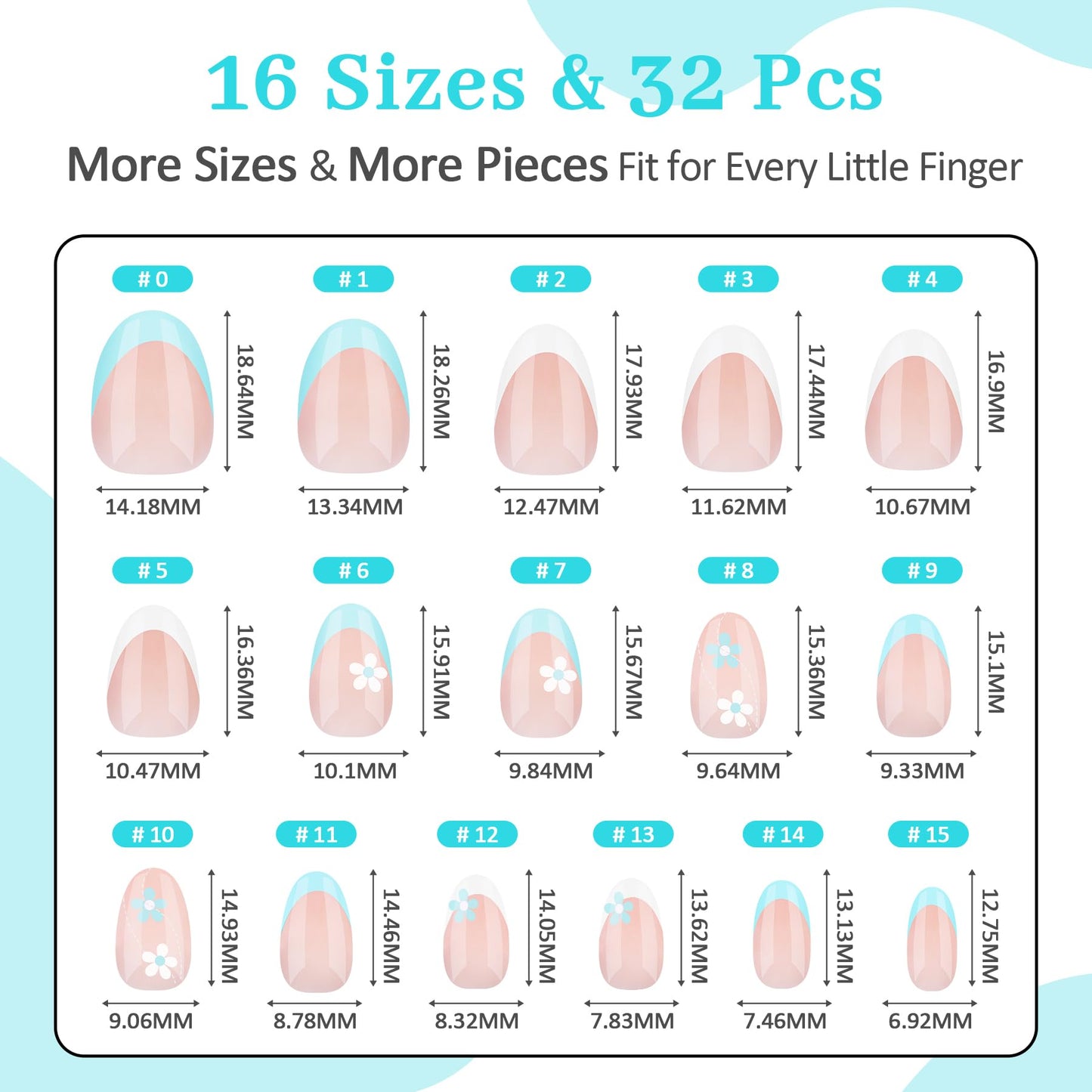 Qiek 16 Sizes Press on Nails Kit for Kids - 32 Pieces French Almond Fake Nail Tips for Girls 8-12 Years Old with Jelly Nail Adhesives & No-Lamp Nail Glue, Birthday Gifts(Blue French Flower)