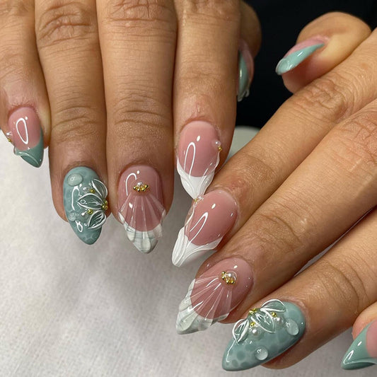 IMSOHOT Medium Press on Nails Almond Fake Nails White French Tips False Nails Full Cover Green Glossy Glue on Nails Gel Handmade Acrylic Nail Supplies for Women Girls Manicure Decoration