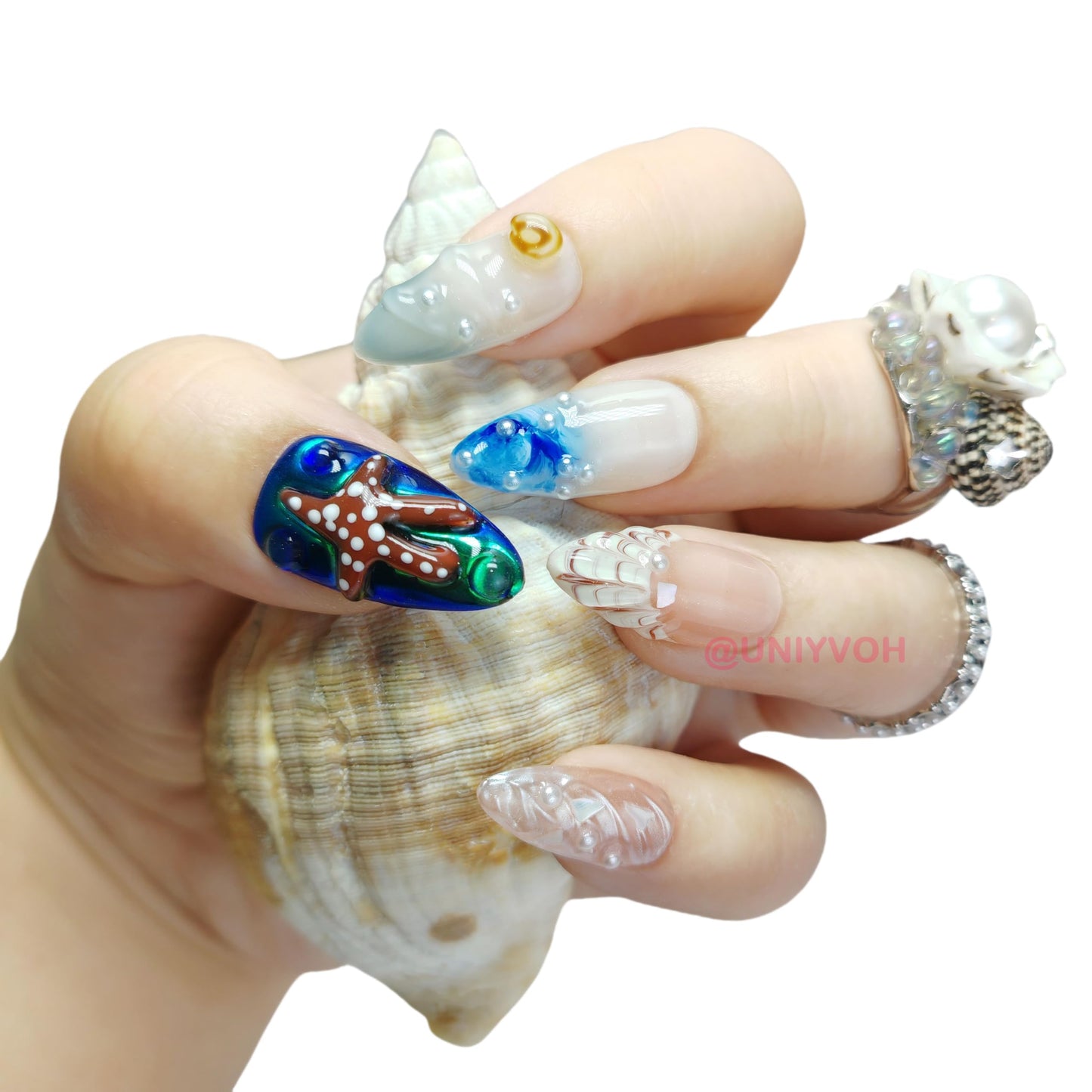 Almond Press on Nails Handmade Medium Long/Stiletto 3D Flower Fake Nail with Designs, Women Reusable False Nails (Ocean Starfish, S)