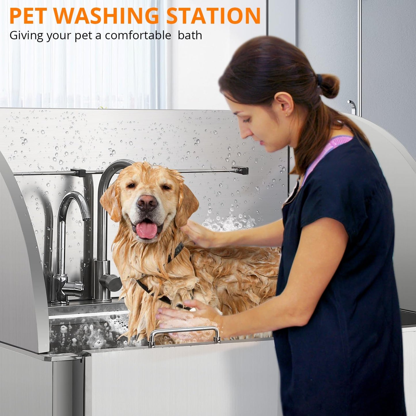 Dog Washing Station, 50 Inch Professional Stainless Steel Dog Bathing Station, Dog Grooming Tub for Large, Medium & Small Dogs, Dog Bathtub with Ramp, Drawer, Floor Grate & Fauct（Left Ramp, 50"）