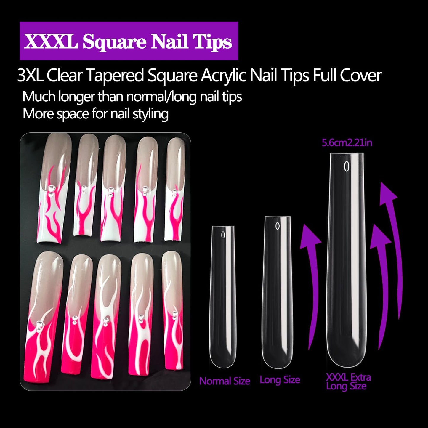 3XL Square Nail Tips, 240PCS Clear Full Cover Artificial False Nails Tips, Extra Long Square No C Curve Acrylic Nail Tips, XXXL Tapered Fake Nails for Salons Home DIY Nail Art 12 Sizes