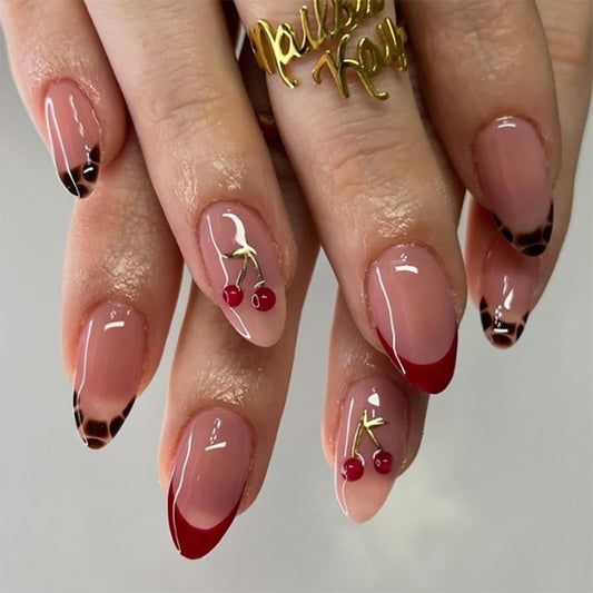 Mivota Medium Press On Nails Almond – 3D Cherry Design with Gold Branch, Red French Tips & Leopard Pattern, 24PCS Acrylic Fake Nails with Glue & Tools, Glossy Reusable Stick On Nails for Women
