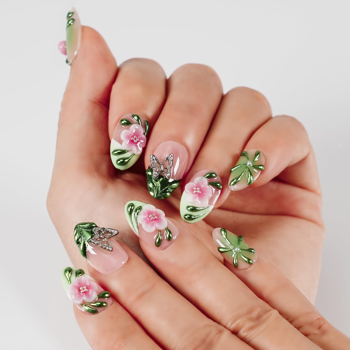 Tesytto Spring Press On Nails Short Almond Handmade 3D Flower Metallic Butterflies Fake Nails, Green Chrome Ladybug Design French False Nails for Party Daily Wear (Spring Green Pastel Garden,S)