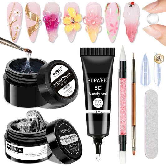 SUPWEE 3d Gel Nail Art Set: Non Stick Hand Solid Builder Gel, No Wipe 3d Gels, 15g 3d Sculpting Gels All-in-1 Kit for Carving Moliding Extension Home DIY Manucure for Women Girls