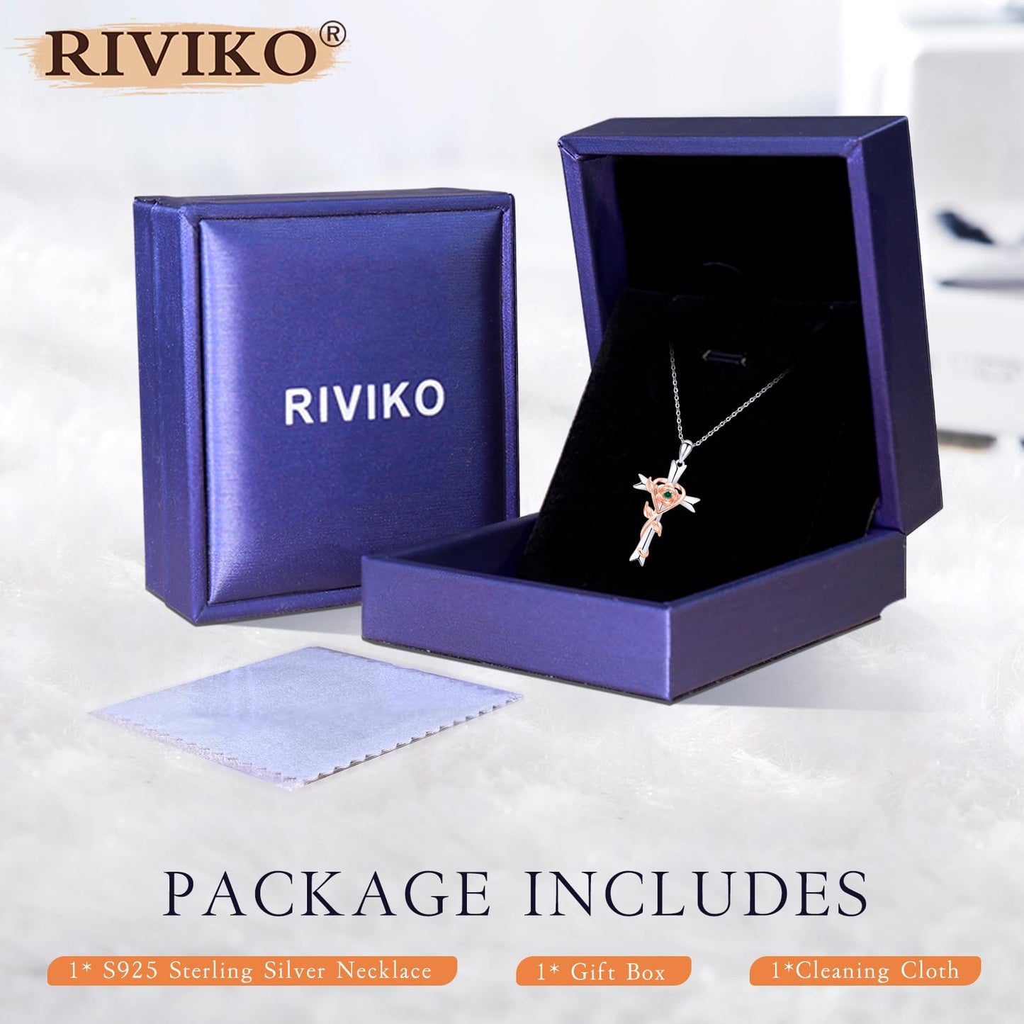 RIVIKO 925 Sterling Silver Cross May Birthstone Necklace for Women Cross Rose Pendant Necklaces Trendy Christmas Valentine's Day Jewelry Anniversary Birthday Gift for Women Her Wife Daughter