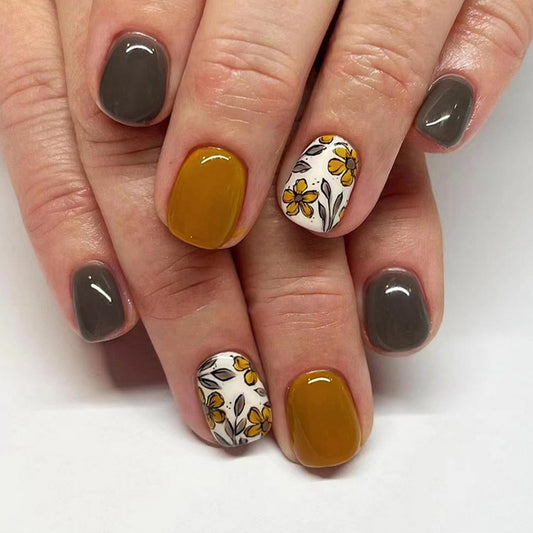 Fall Press on Nails Short Square Fake Nails with Floral Designs Glossy Glue on Nails Full Cover Yellow Nails Press ons Grey Acrylic Nails Fall Artificial Stick on Nails for Women Girls Manicure24Pcs