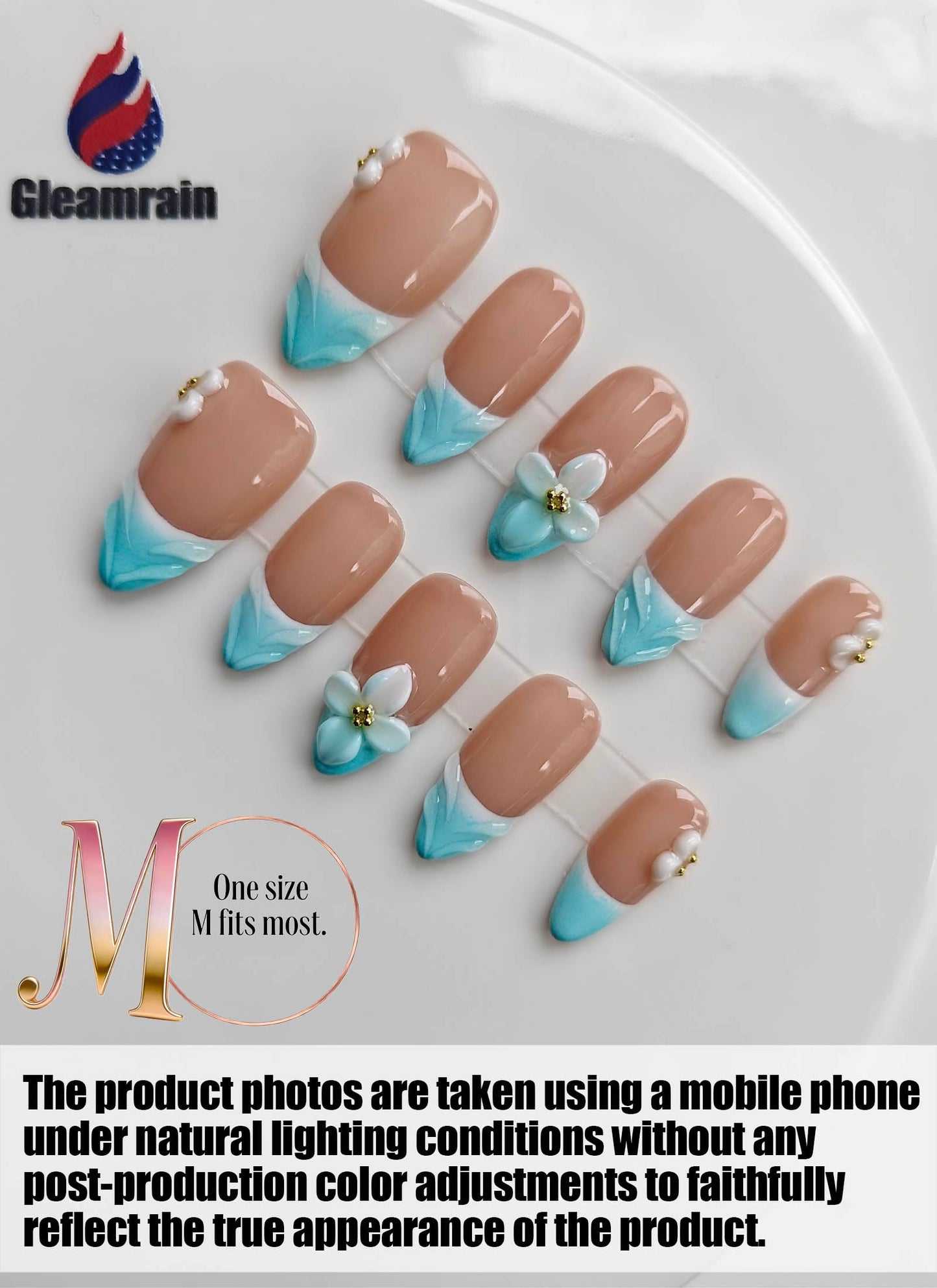 Gleamrain Almond Medium Handmade Press on Nails for Women, Handcrafted Floral Design Nude Base Blue French Tip Reusable Full Cover Fake Nail for Daily Wear Party Birthday D303