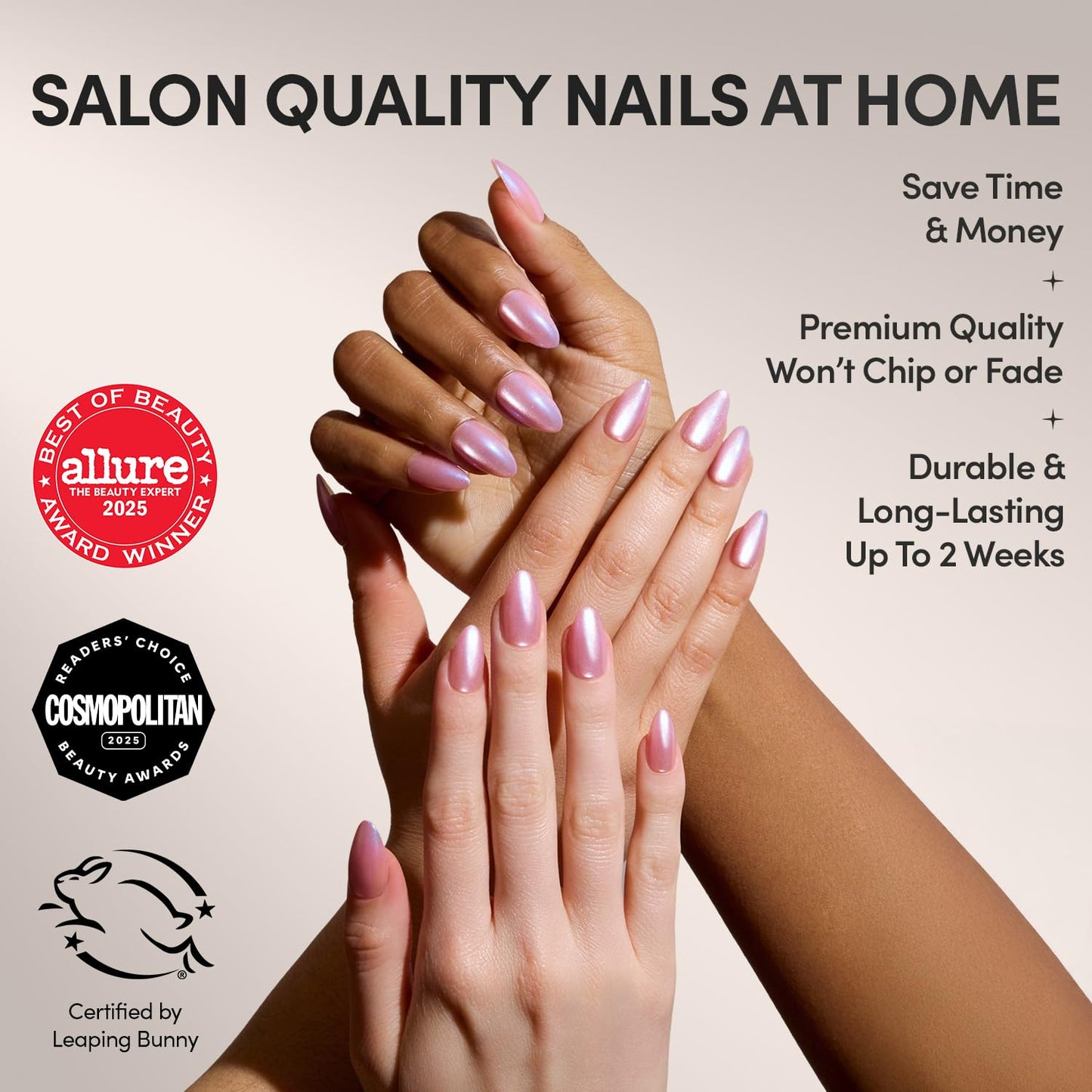 Glamnetic Press On Nails - Seaspell Fake Nails | Short Almond Pink Fake Nails with a Velvet Finish, Salon Quality Summer Nails | 15 Sizes - 30 Nail Kit with Glue
