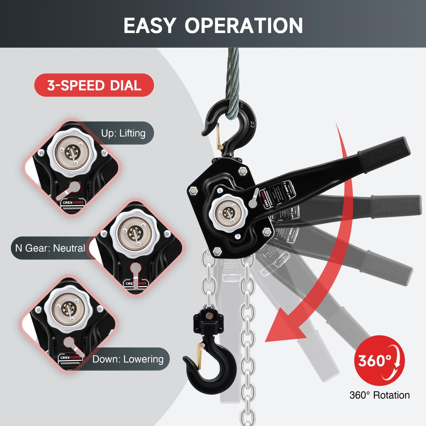 CREWORKS Lever Chain Hoist, 3 Ton 6600 lb Capacity 20 ft Manual Chain Hoist with G80 Galvanized Chain & Swivel Hooks, Heavy Duty Manual Lever Hoist for Construction Warehouse Automotive Factory