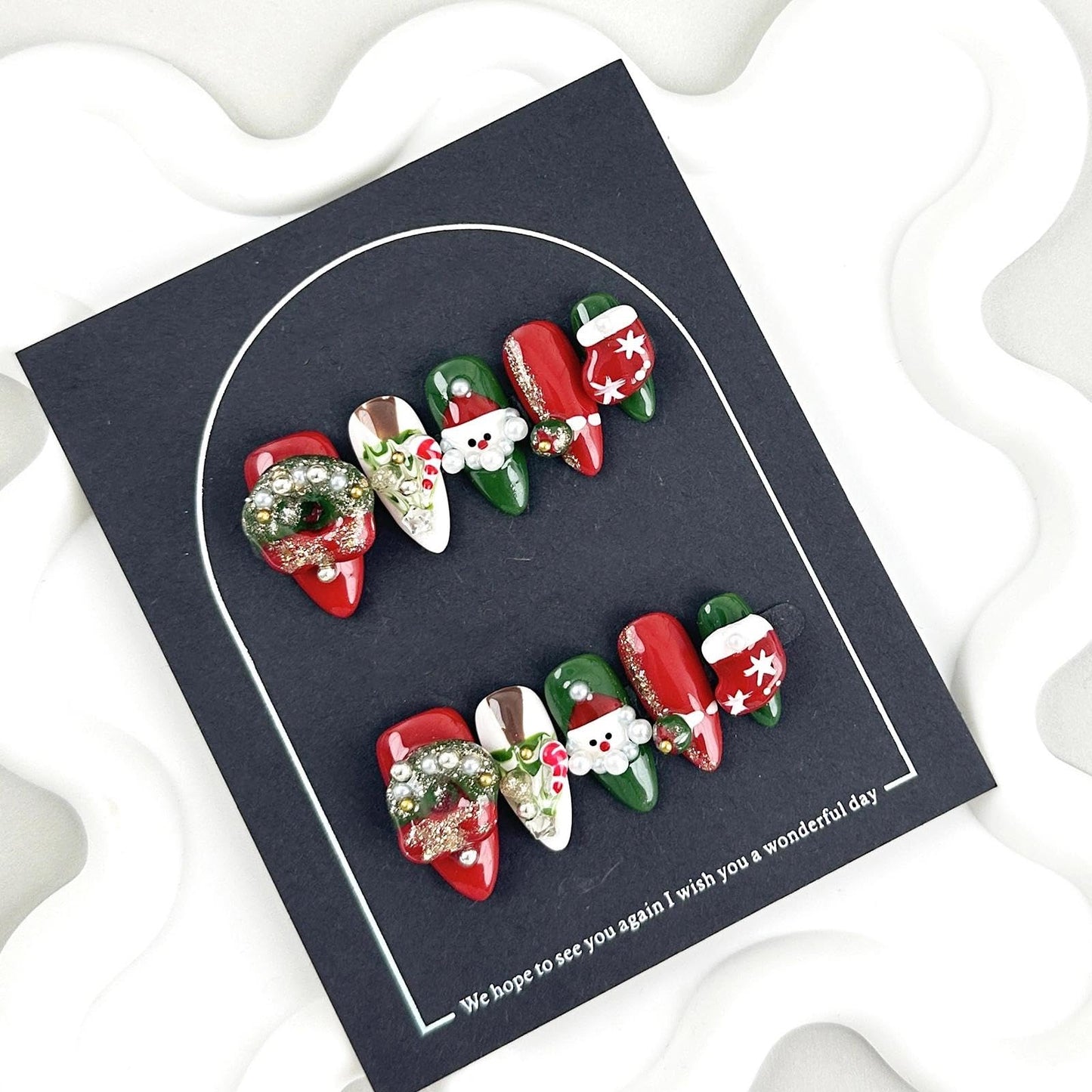 Handmade 3D Christmas Red-Green 3D Element Stiletto Press On Nails, Playful Rhinestone Festive Artisan Nails Set, Reusable Glossy Press-ons with Tool Kit (M)