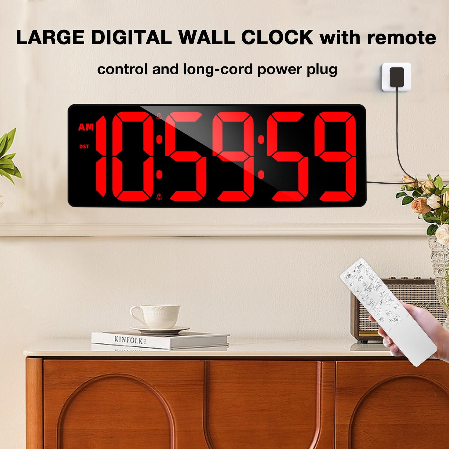 SJJSKY 17.2" Large Digital Timer Wall Clock with Remote Control, Count Down Up Digital Timer, Auto DST LED Big Digital Clock for Bedroom Kitchen Living Room Office Gym Home Decor, Red
