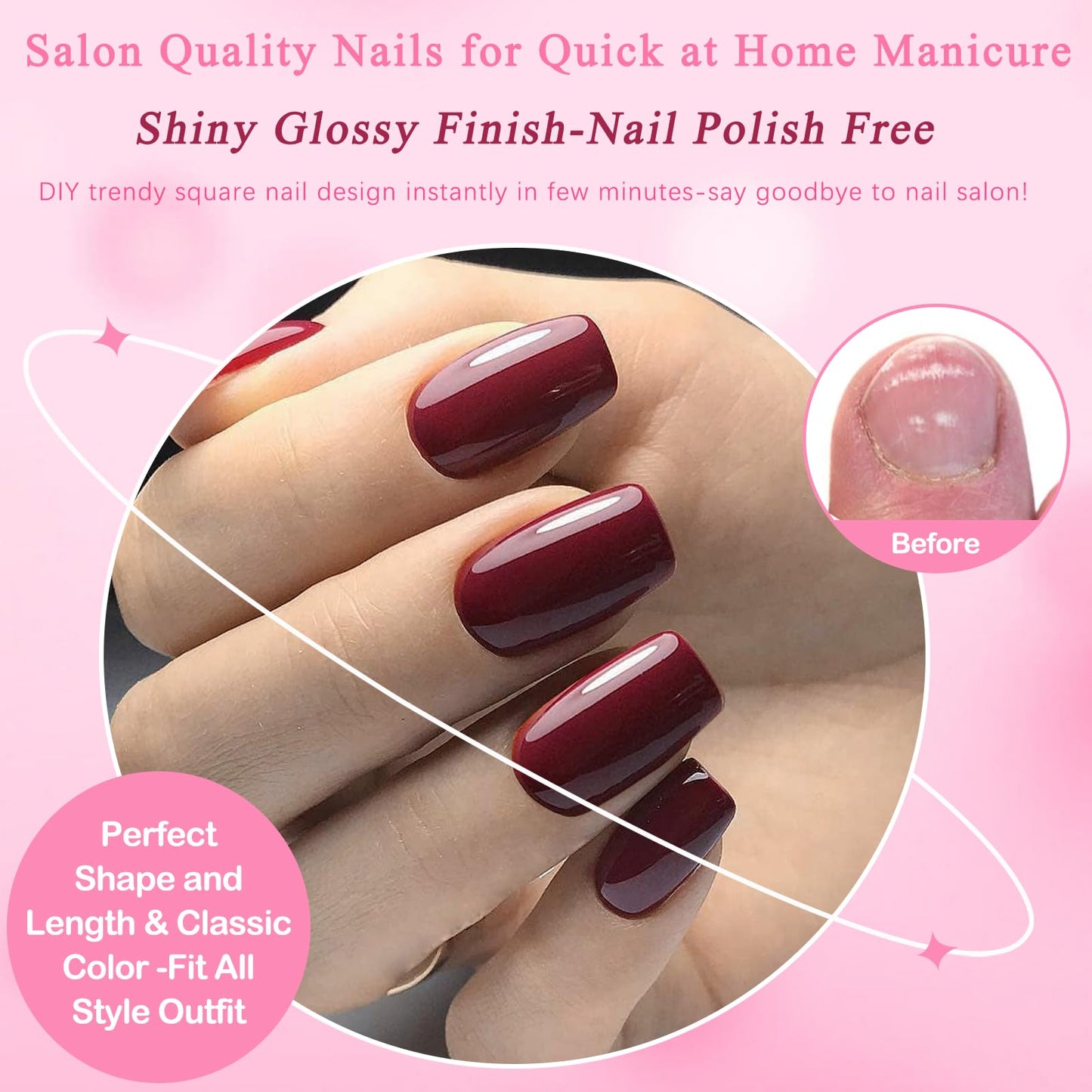 LoveOurHome 240pc Christmas Wine Red Press on Nails Medium Square Fake Nails Press ons Square Nail Tips Gel False Nails Presson Artificial Fingernails & Glue Adhesive Tabs Women Girls Manicure Decor