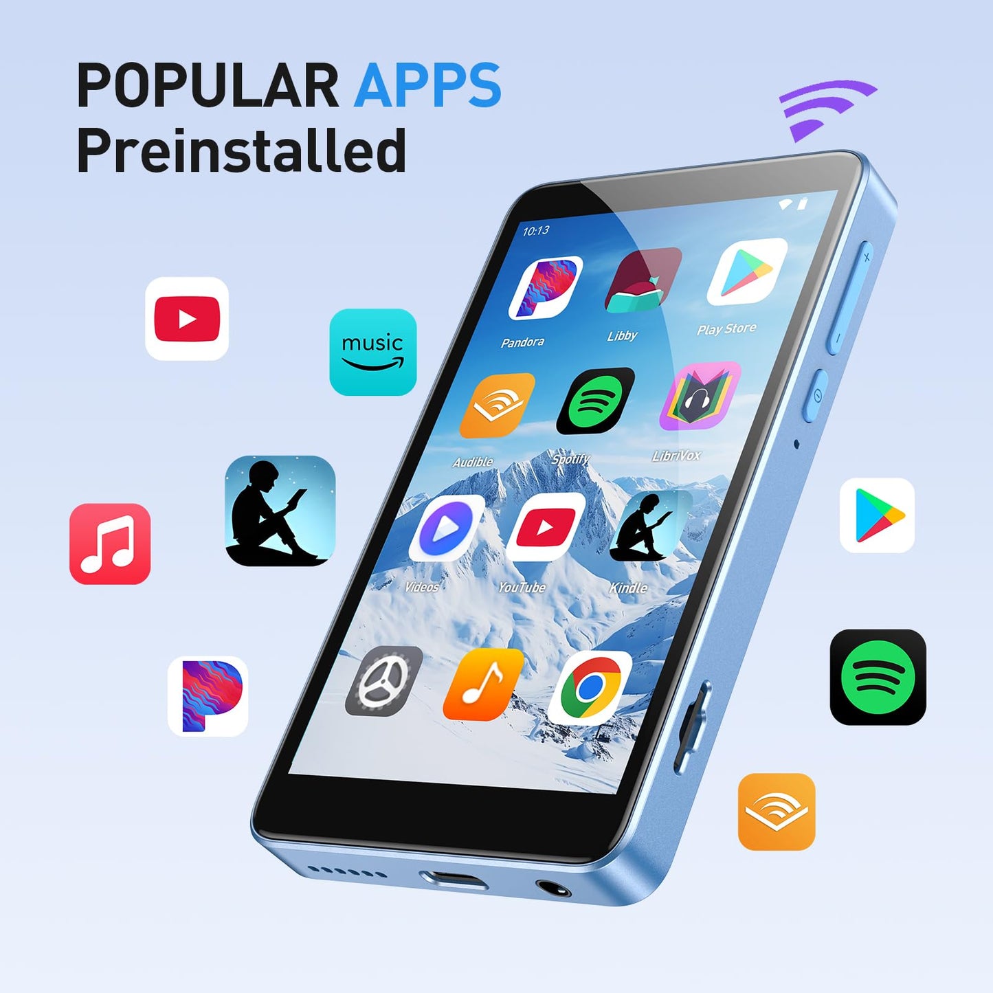 AGPTEK 96GB MP3 Player with Bluetooth and WiFi, T08X 4'' Android 14 MP4 Music Player with Spotify, Audible, APP Store, Up to 1TB, Blue