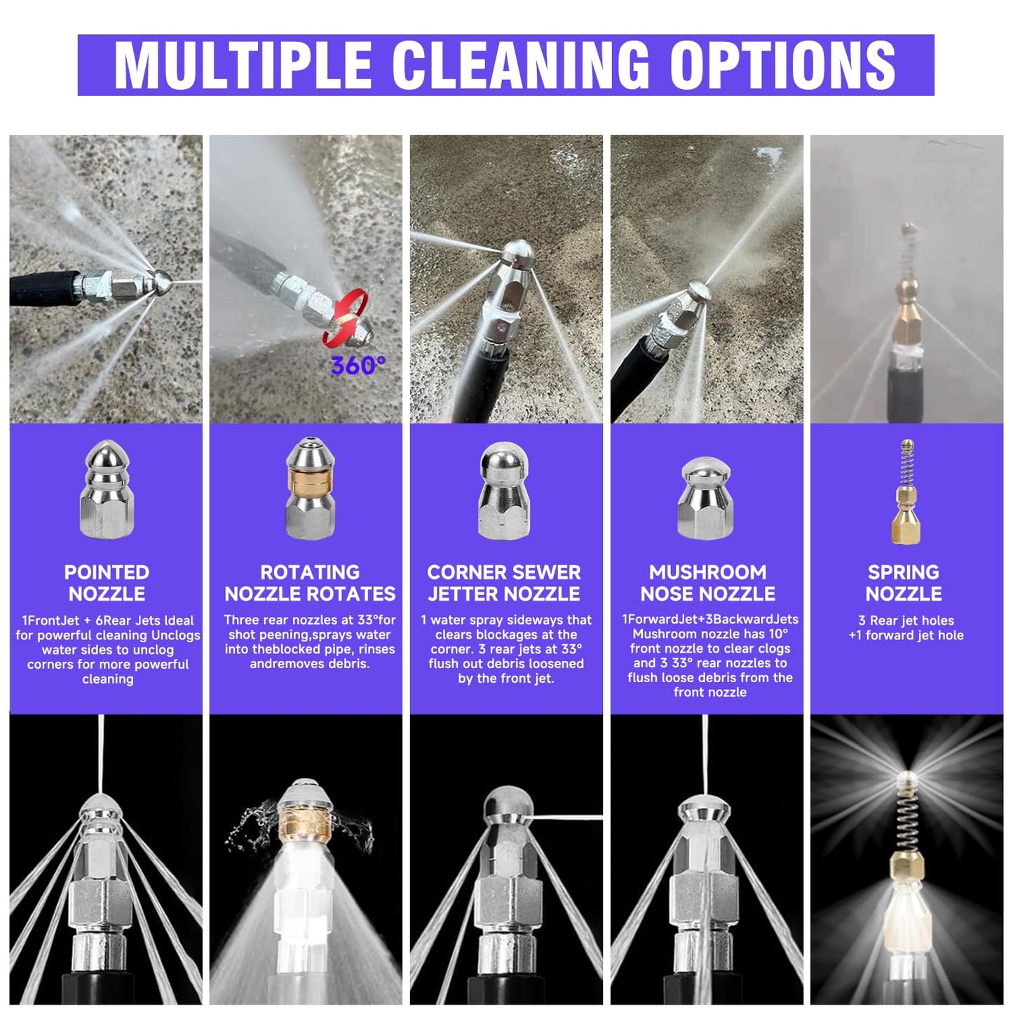 NIFUAL 50FT Sewer Jetter Kit for Pressure Washer, 5800PSI Drain Cleaner Hose 1/4 Inch NPT Corner, Rotating and Button Hose Sewer Jetting Nozzle Waterproof Tape Pearl Corsage Pin Spanner Glove