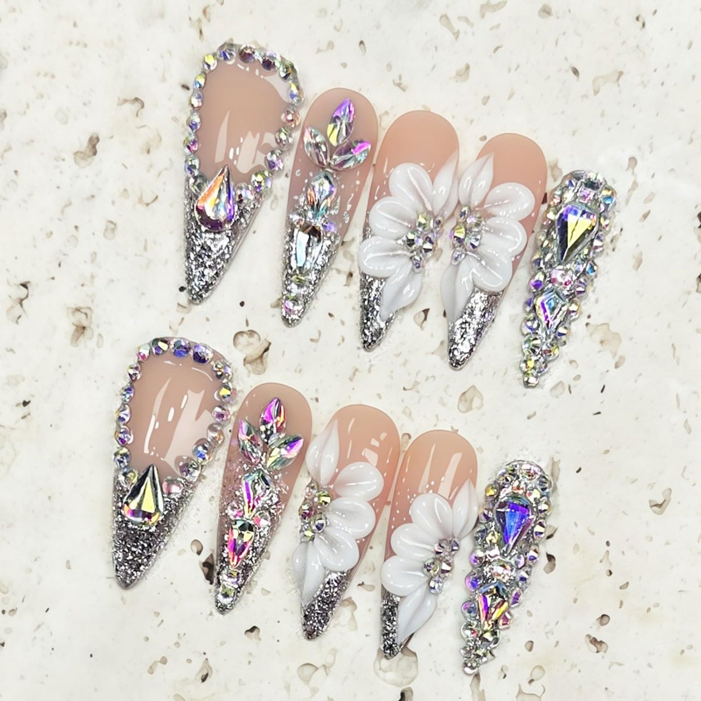Long Handmade Press on Nails Almond Tip False Nails Summer 3D Flowers Nails Press Ons with Full Diamond Design Reusable Fake Nails Luxury Full Cover Stick on Nail for Women Manicure 10Pcs (Size M)