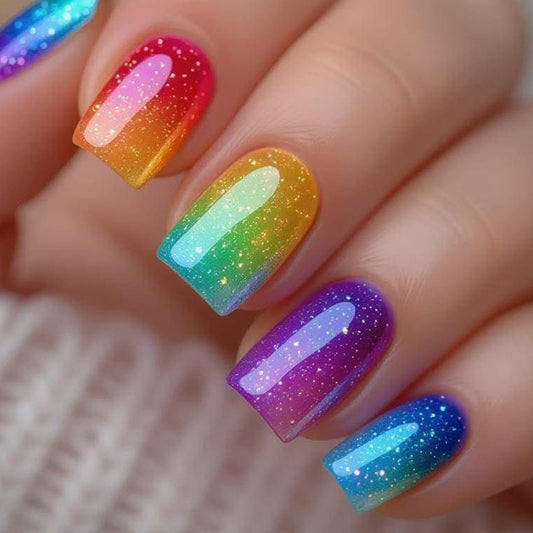 Rainbow Press on Nails Short Square Fake Nails Gradient False Nails with Designs Spring Summer Acrylic Nails Full Cover Glossy Stick on Nail Artificial Glue on Nails for Women Holiday Manicure 24Pcs
