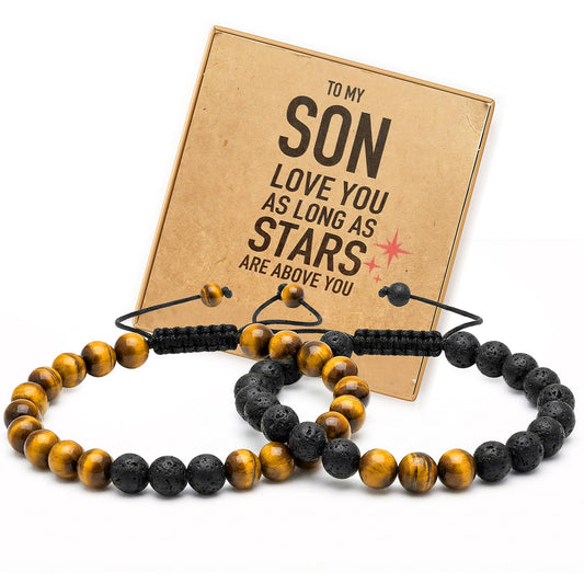 SFPJTL To My Son Gifts from Mom Dad - Natural Tiger Eye & Lava Rock Bracelets Set (2-Pack) for Men - Anxiety Stress Relief & Inspirational Graduation 18th 21st Birthday Gift for Him - Adjustable Beaded Jewelry