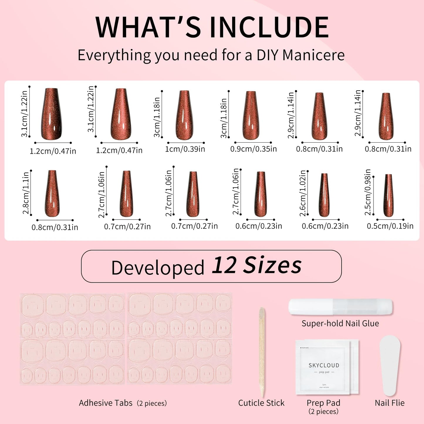Orange Brown Cat Eyes Press On Nails,12 Sizes-24 Pcs Soft Gel Orange Brown Long Coffin Fake Nails Kit with Nail Glue, Natural Reusable Stick On False Nails for Women and Girls SK1044