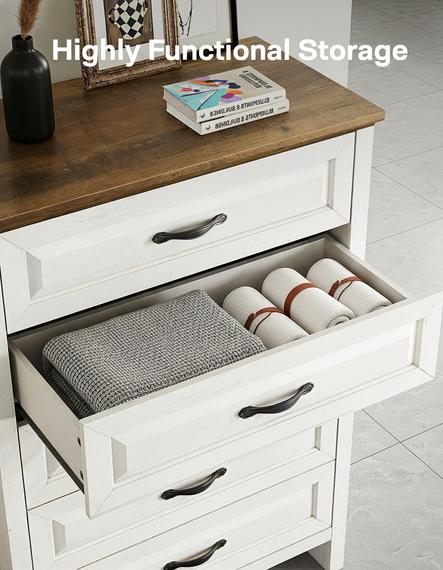 Marsail Farmhouse 5 Drawer Dresser, Wood Chest of Drawers with Natural Texture, Smooth Gliding Drawers, Versatile Storage Organizer Cabinet for Bedroom & Living Room, White and Brown