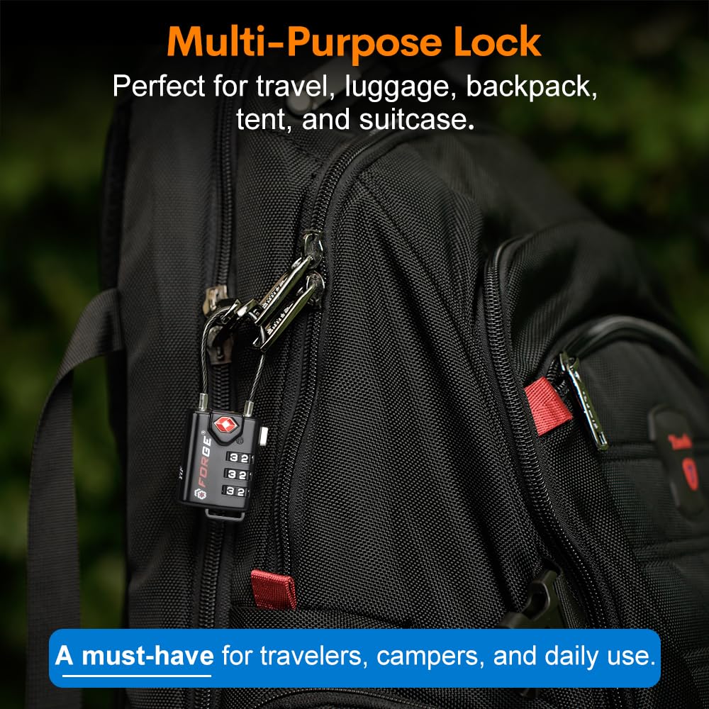 TSA Approved Cable Luggage Locks, Re-settable Combination with Alloy Body, Black 2 Locks.