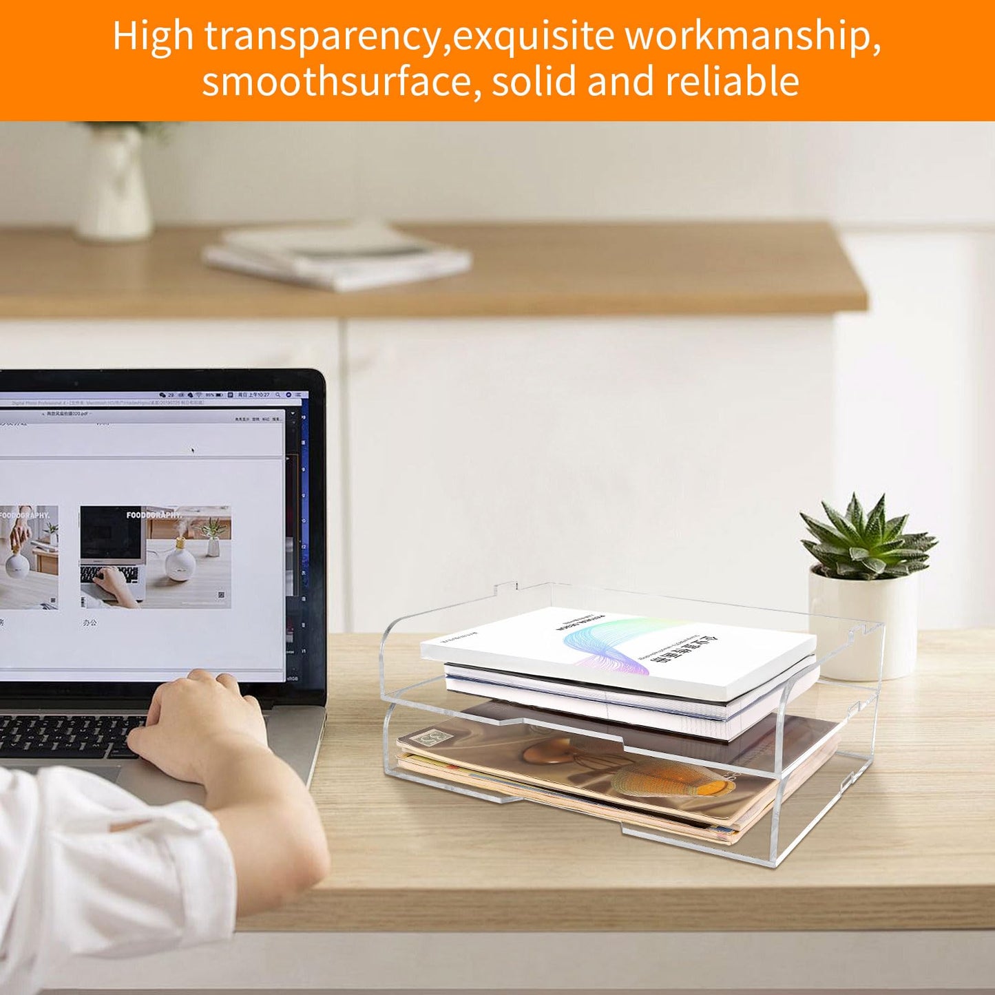2 Pack- Stackable Paper Letter Tray,Clear Acrylic Magazine Holder and File Organizer - Sleek Desk Organizer for Home Office, Bookshelf, or Workspace - Space-Saving Transparent Document Holder