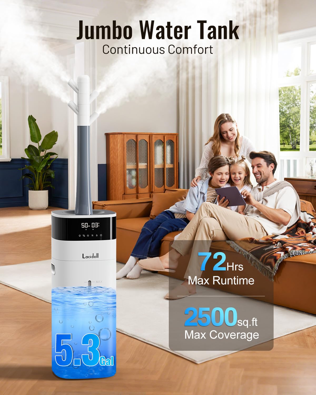LACIDOLL Cool and Warm Mist Humidifier Large Room, 5.3Gal/20L Humidifiers for Home 2500 sq ft, Air Humidifiers for Bedroom with Diffuser&Extended Tube, Whole House Humidifiers for Nursery Baby Plants